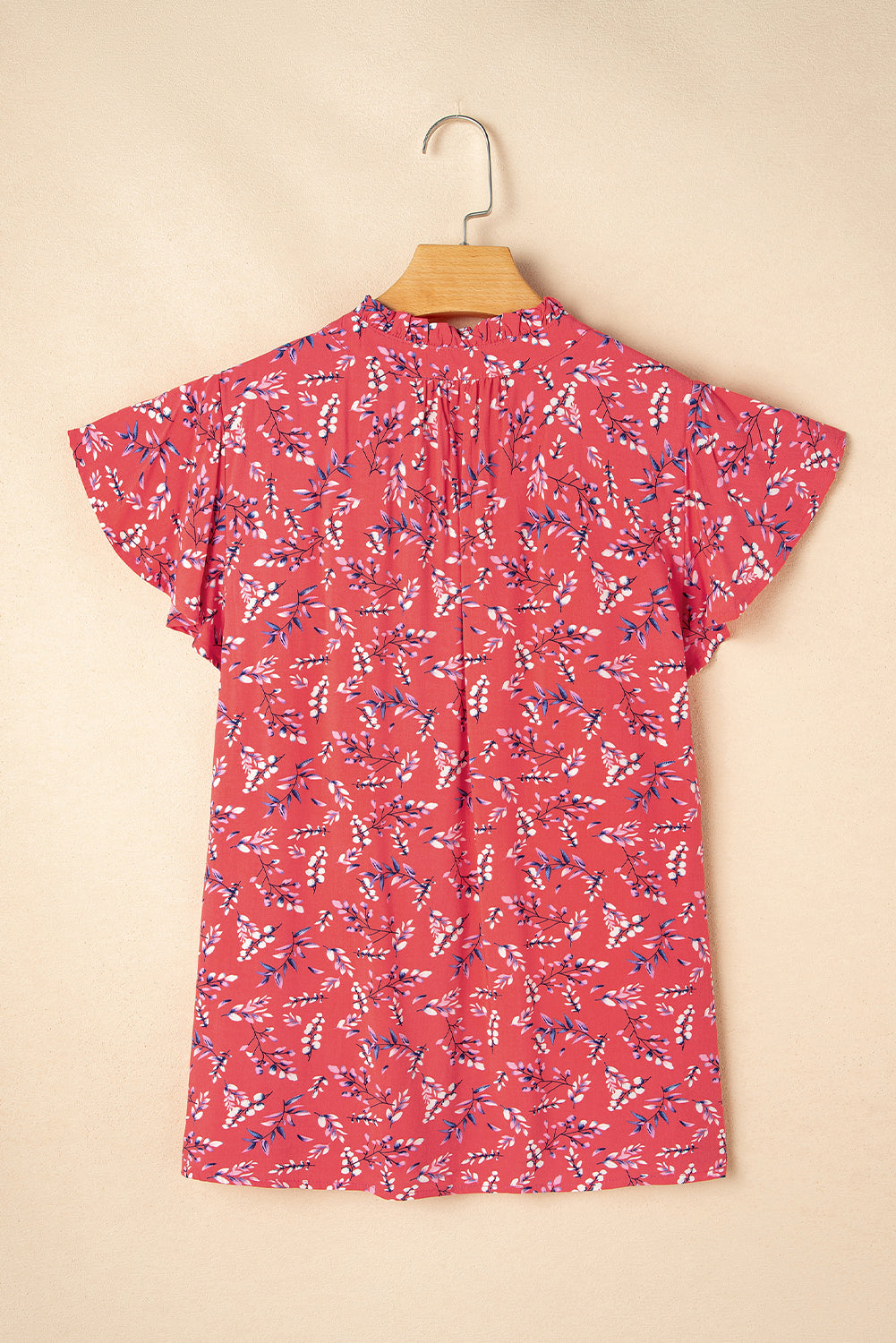 Red Floral Tie Split Neck Flounce Sleeve Blouse