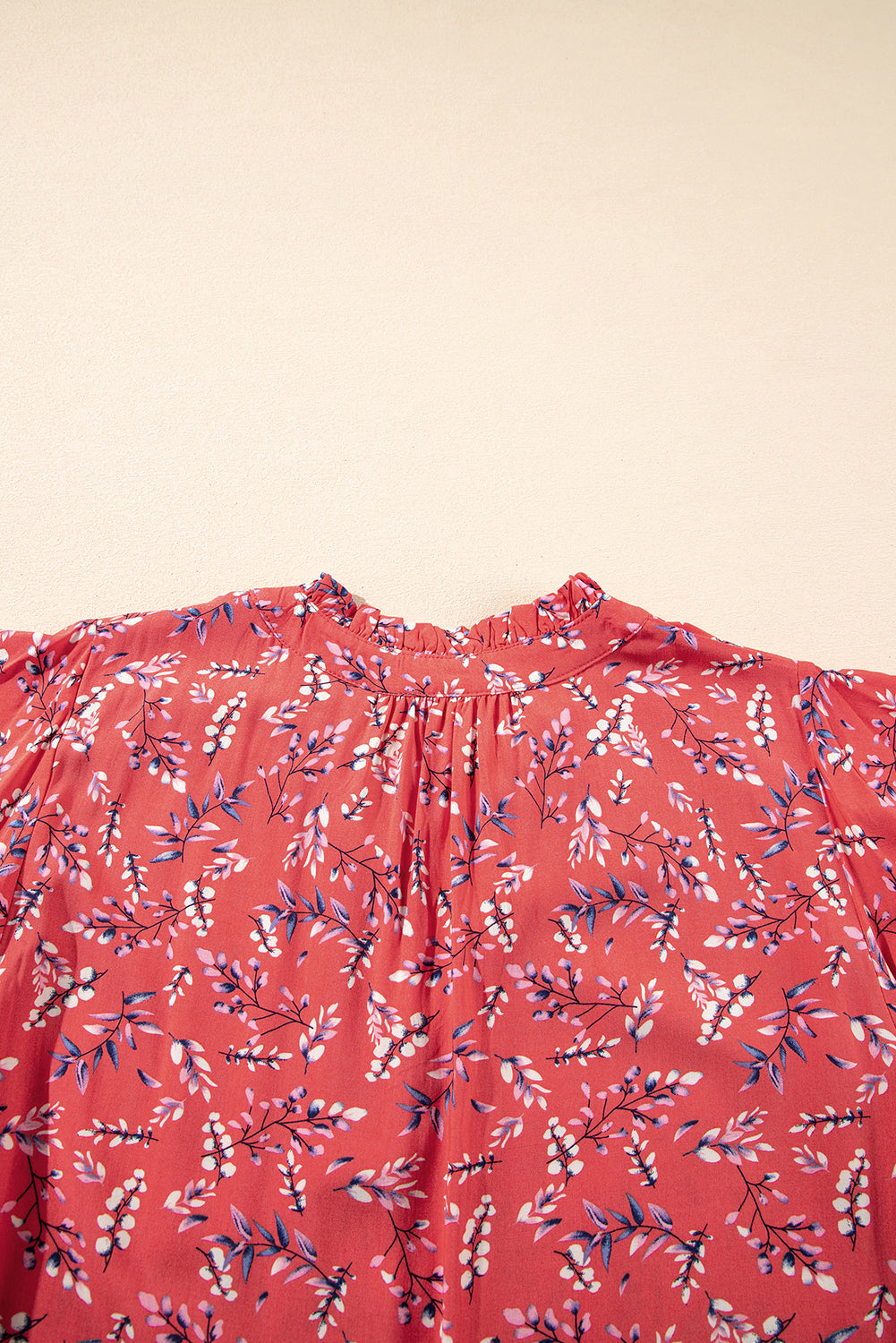 Red Floral Tie Split Neck Flounce Sleeve Blouse