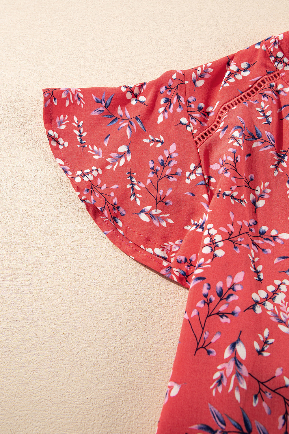 Red Floral Tie Split Neck Flounce Sleeve Blouse