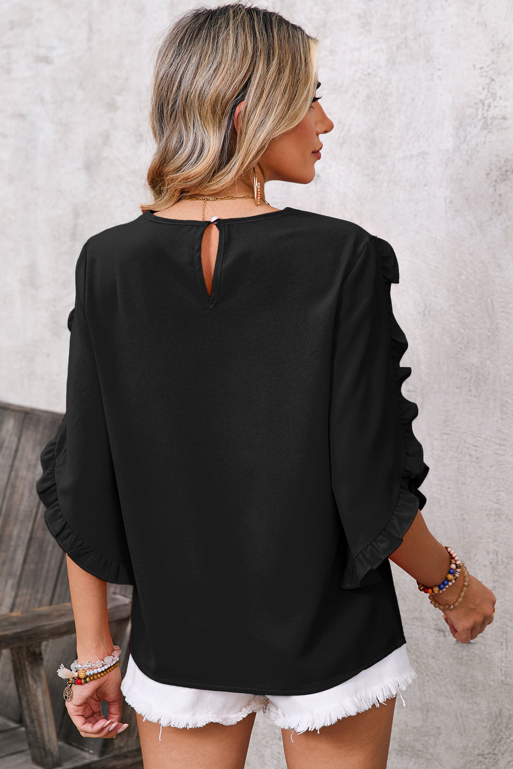 Black Frill Trim Plain Tulip Sleeve Blouse