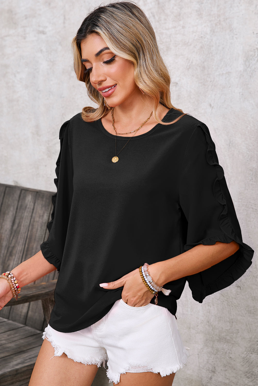 Black Frill Trim Plain Tulip Sleeve Blouse