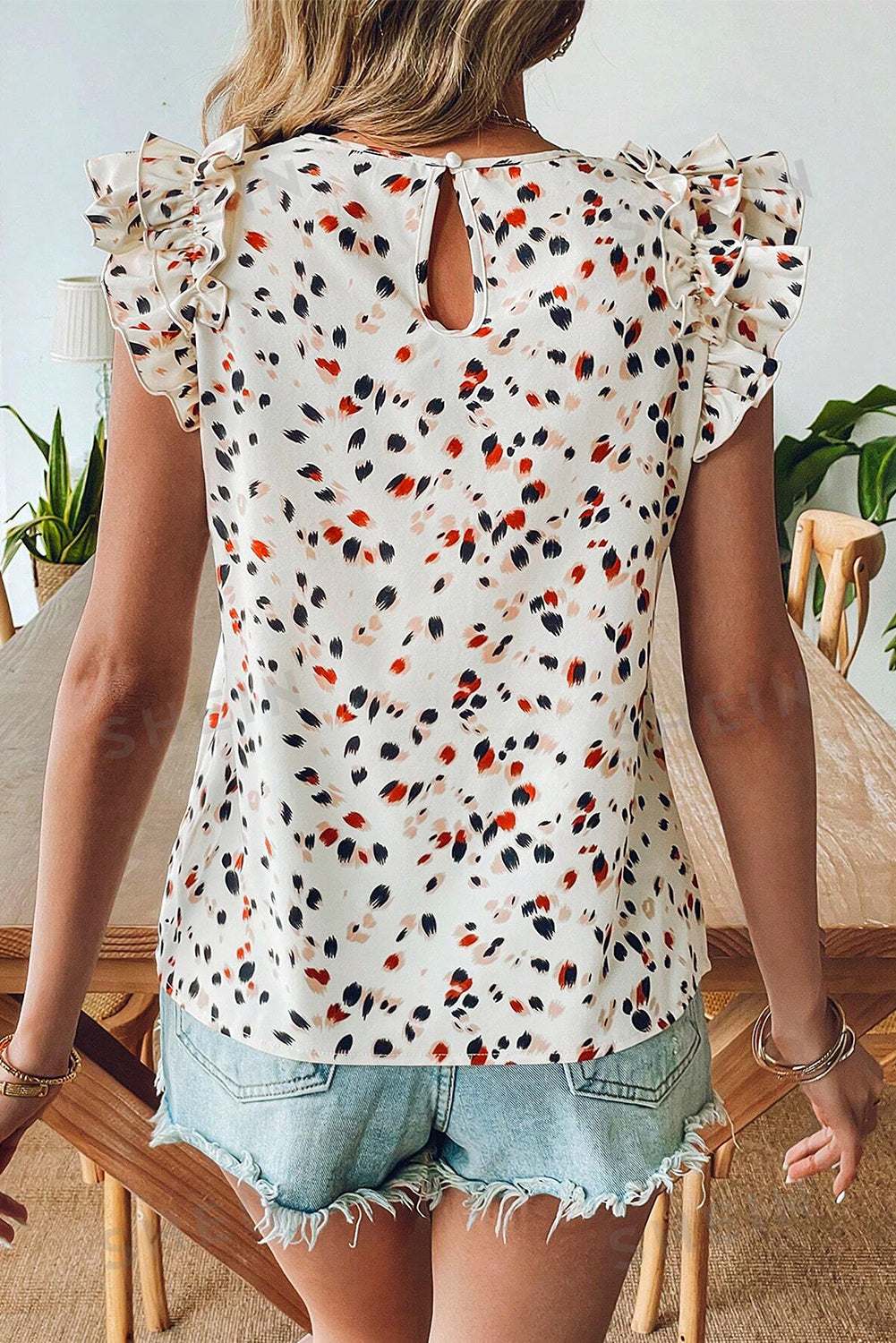 Beige Abstract Print Ruffle Flutter Blouse