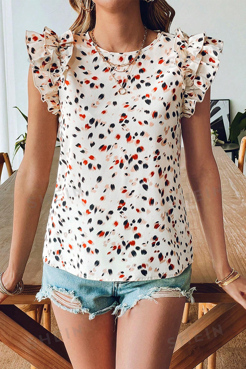 Beige Abstract Print Ruffle Flutter Blouse