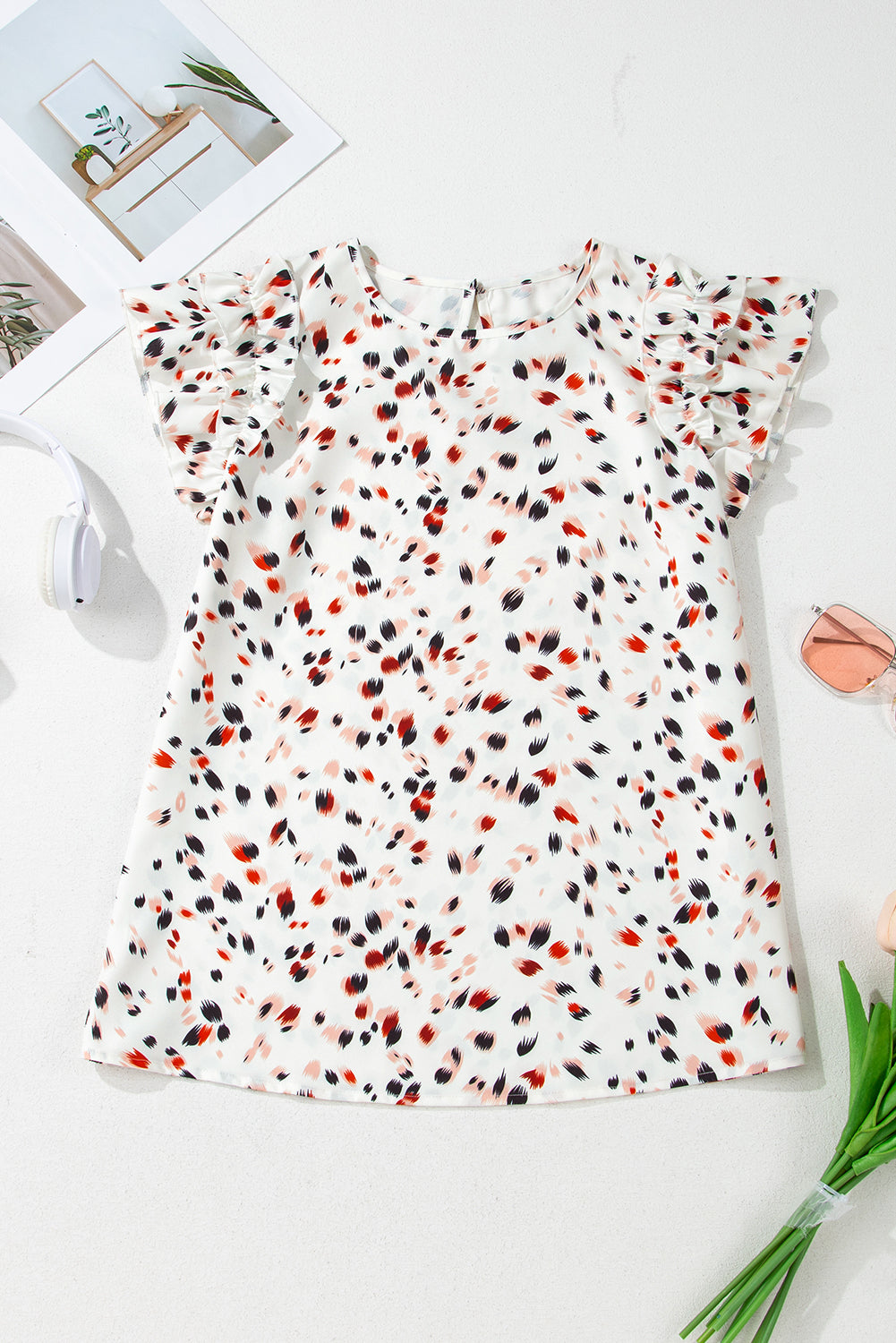 Beige Abstract Print Ruffle Flutter Blouse