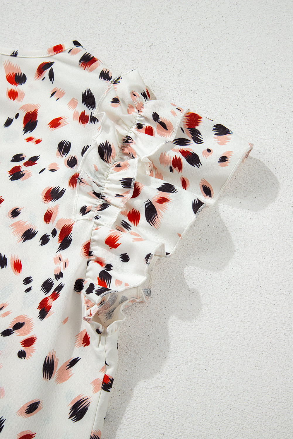 Beige Abstract Print Ruffle Flutter Blouse