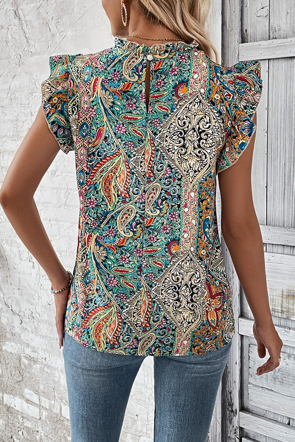 Multicolor Ethnic Paisley Print Frill Neck Ruffle Blouse