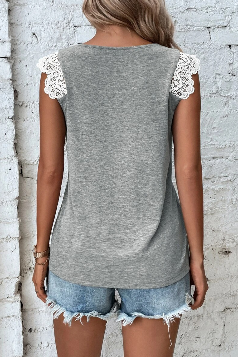 Gray Lace Patchwork Criss Cross V Neck Top