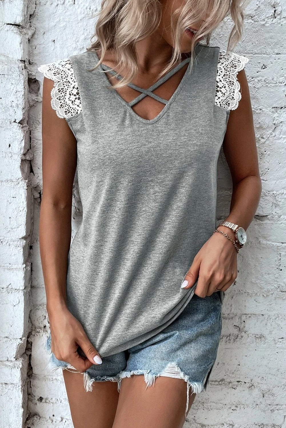 Gray Lace Patchwork Criss Cross V Neck Top