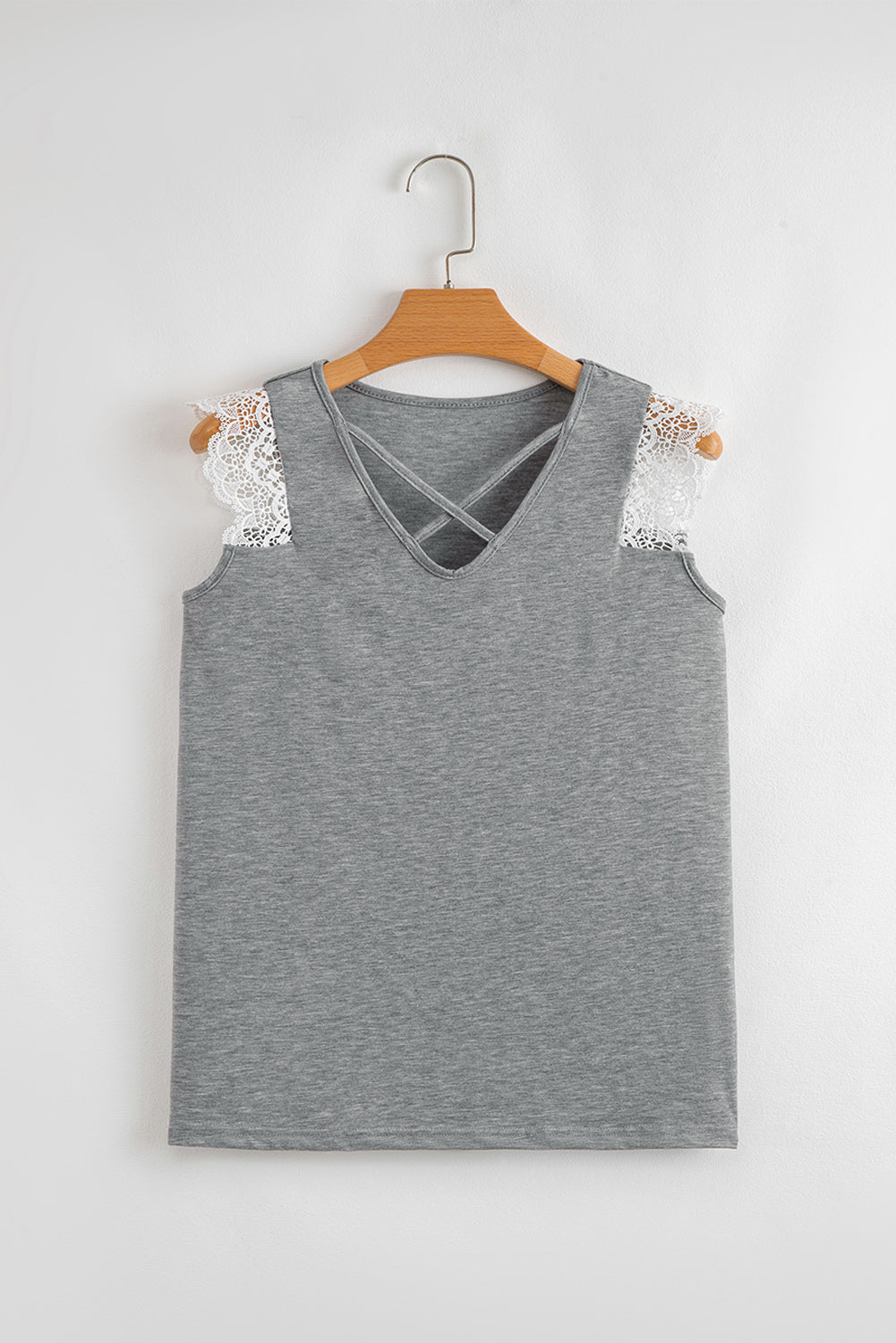 Gray Lace Patchwork Criss Cross V Neck Top