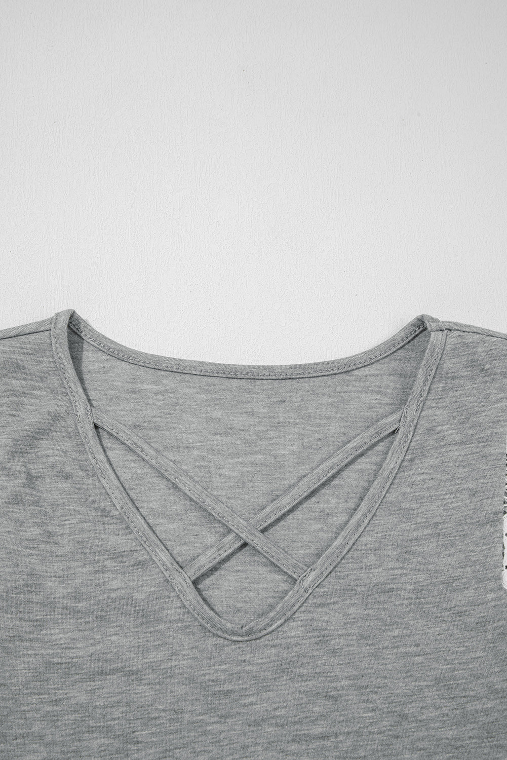 Gray Lace Patchwork Criss Cross V Neck Top