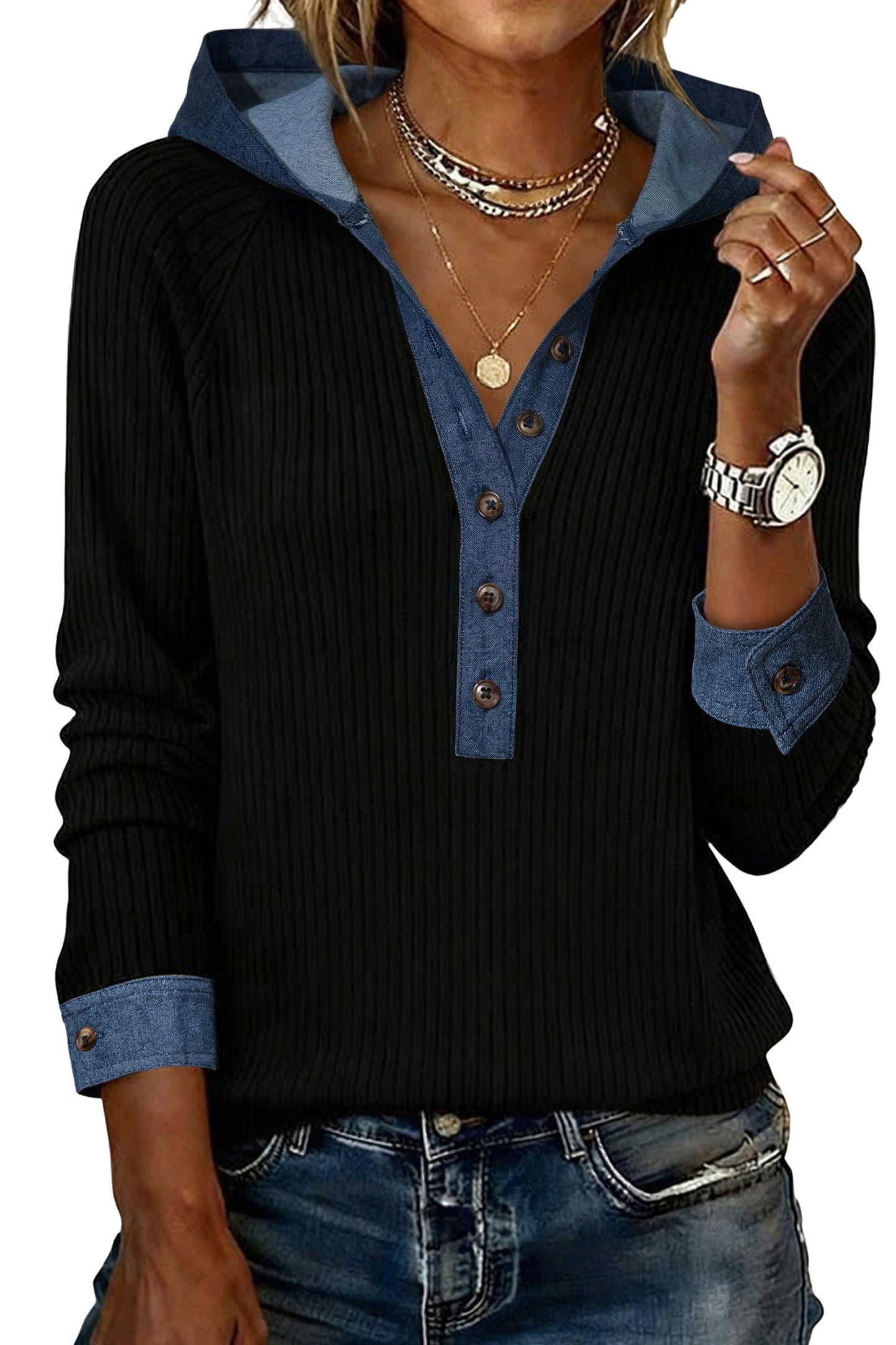 Black Chic Hoodie Long Sleeve Denim Trim Button Front Top