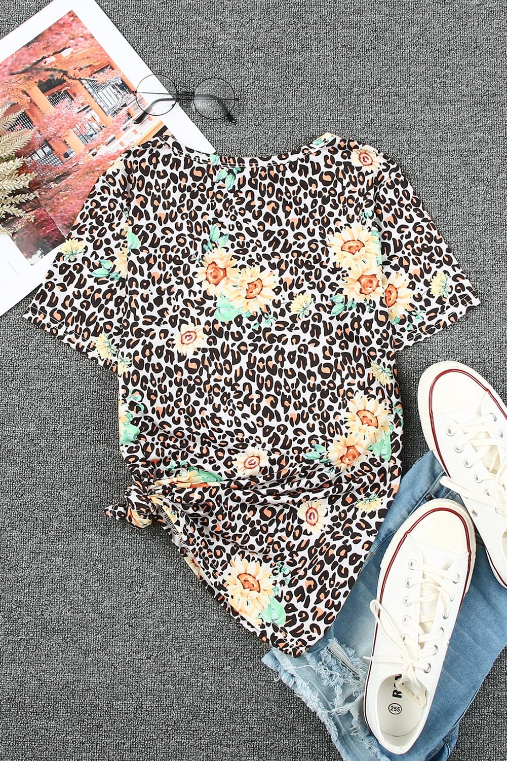 Leopard Sunflower Print Cross Neck T-Shirt