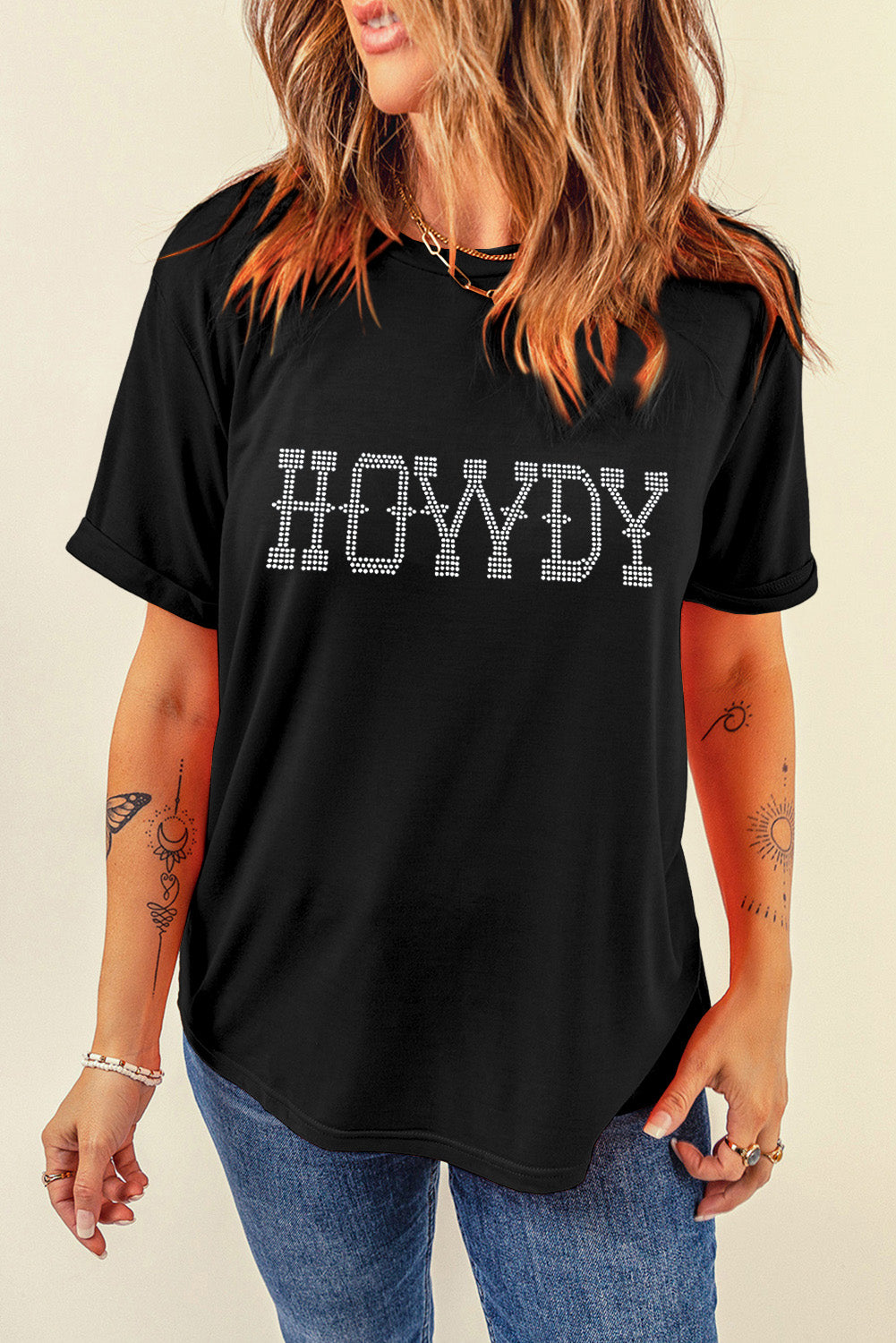 Black HOWDY Rhinestone Crew Neck T Shirt