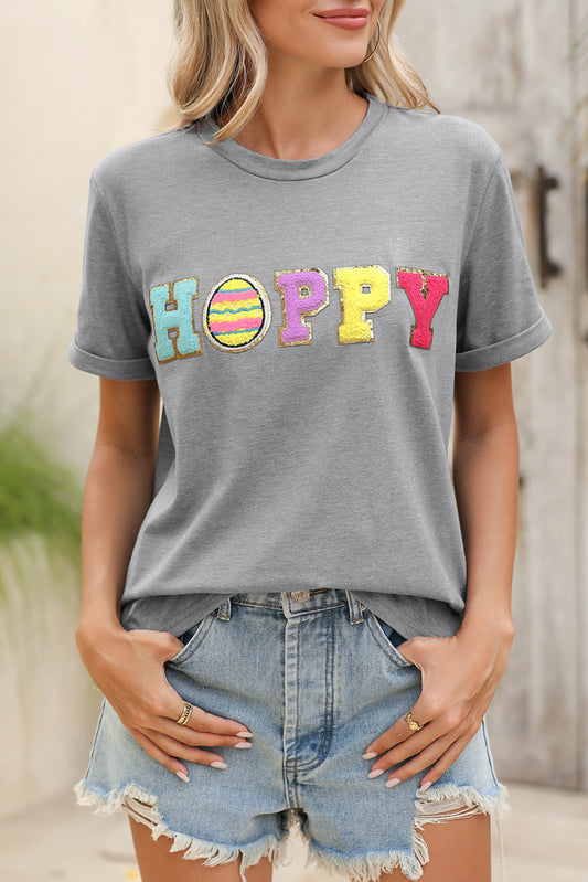 Gray Easter Egg HOPPY Chenille Letter Graphic T Shirt