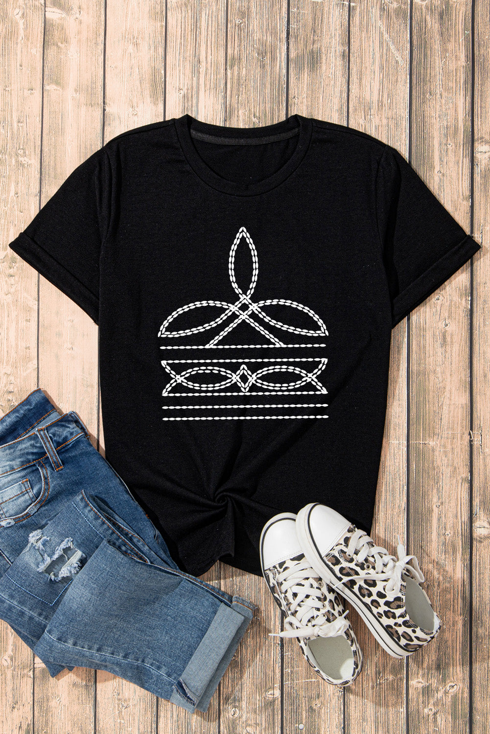 Black Western Pattern Print boot stitch Slim Fit Crew Neck T Shirt