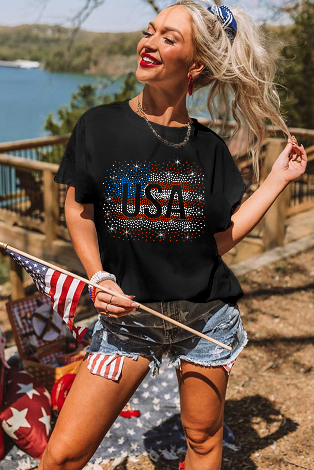 Black Rhinestone America Flag USA 4th of July Graphic T Shirt