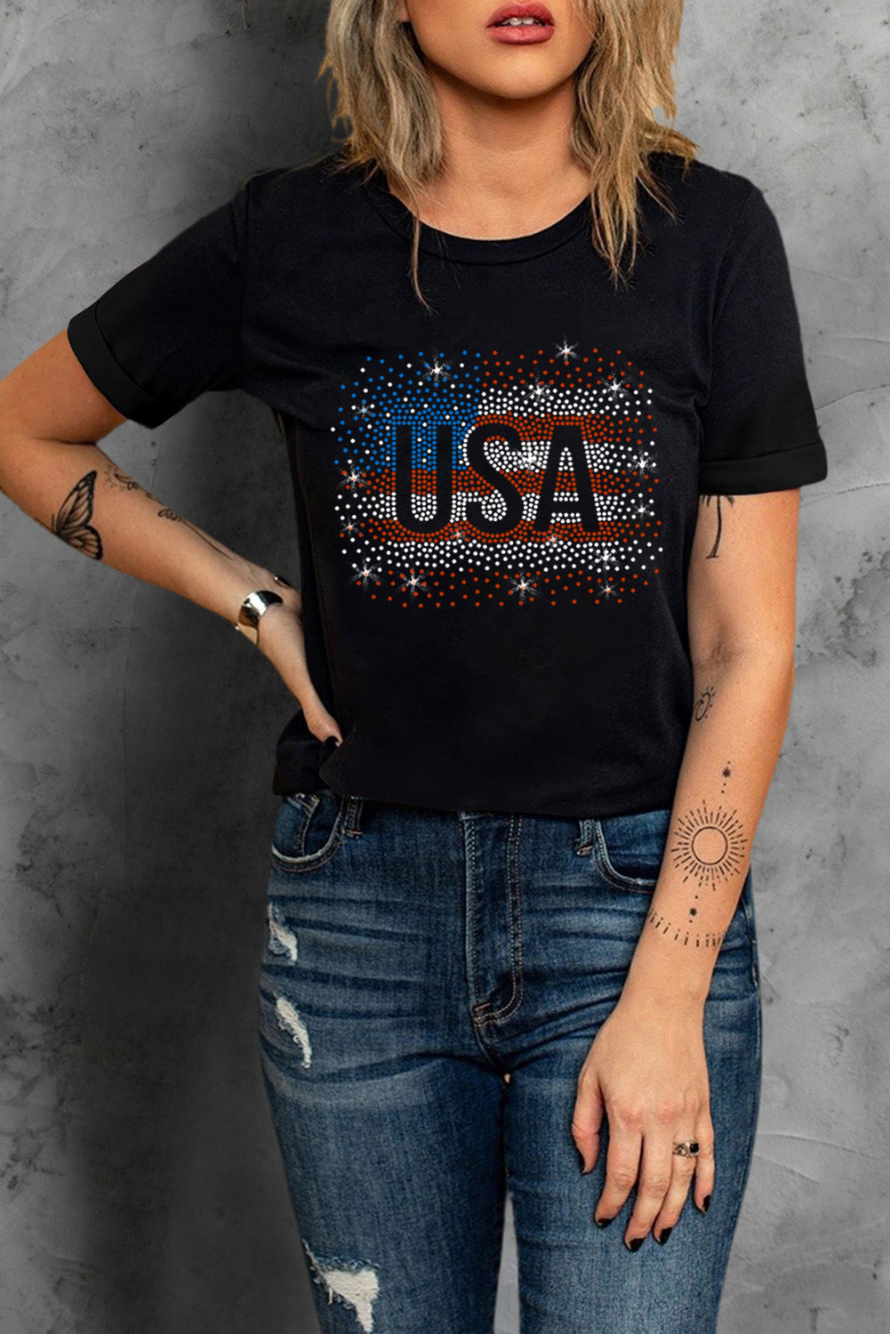 Black Rhinestone America Flag USA 4th of July Graphic T Shirt