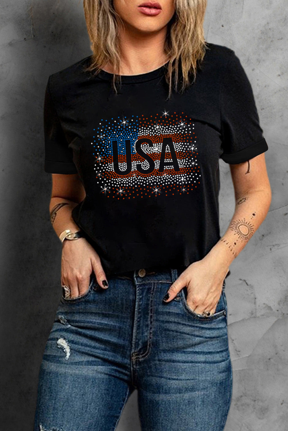 Black Rhinestone America Flag USA 4th of July Graphic T Shirt
