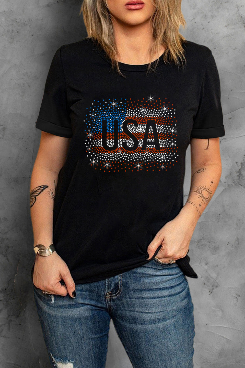 Black Rhinestone America Flag USA 4th of July Graphic T Shirt