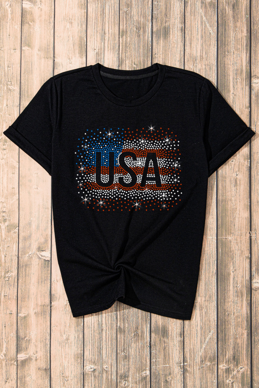 Black Rhinestone America Flag USA 4th of July Graphic T Shirt
