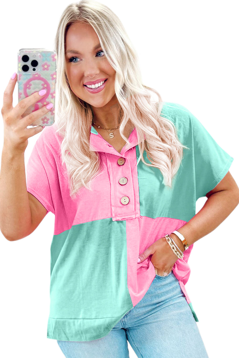 Mint Green Colorblock Half Buttons Henley T Shirt
