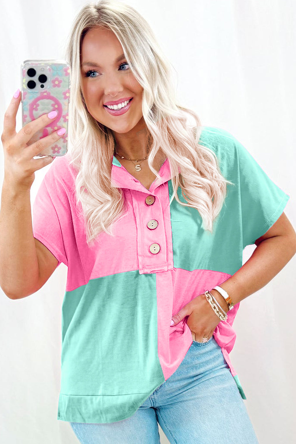 Mint Green Colorblock Half Buttons Henley T Shirt