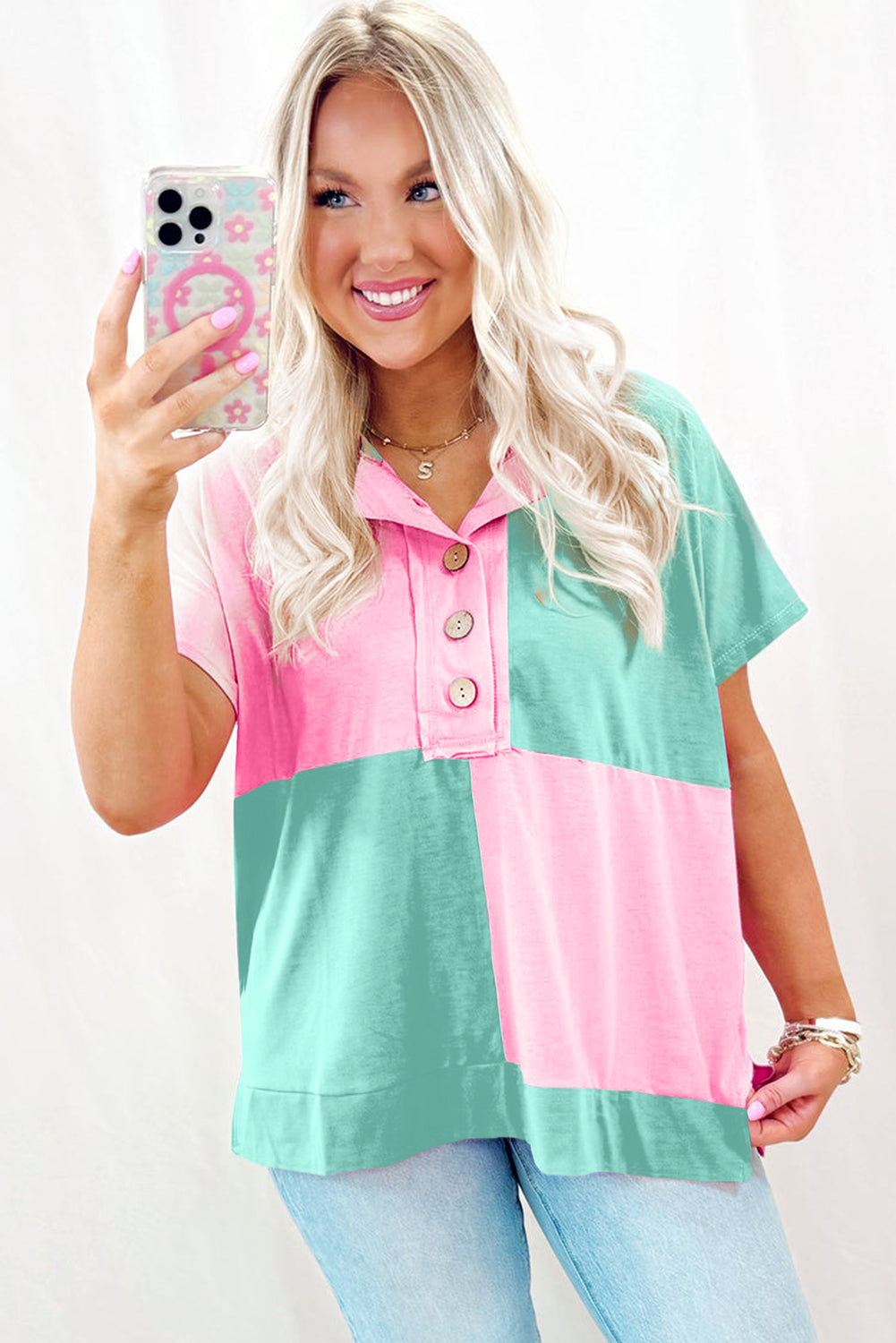 Mint Green Colorblock Half Buttons Henley T Shirt