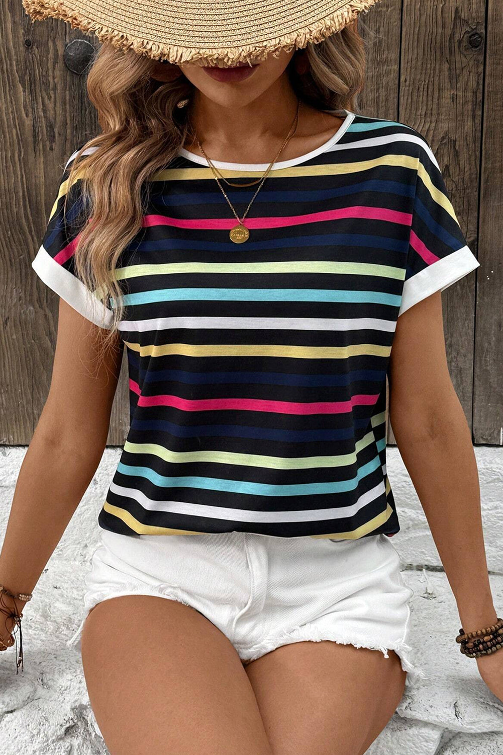 Black Colorful Striped Contrast Edge Crew Neck T Shirt