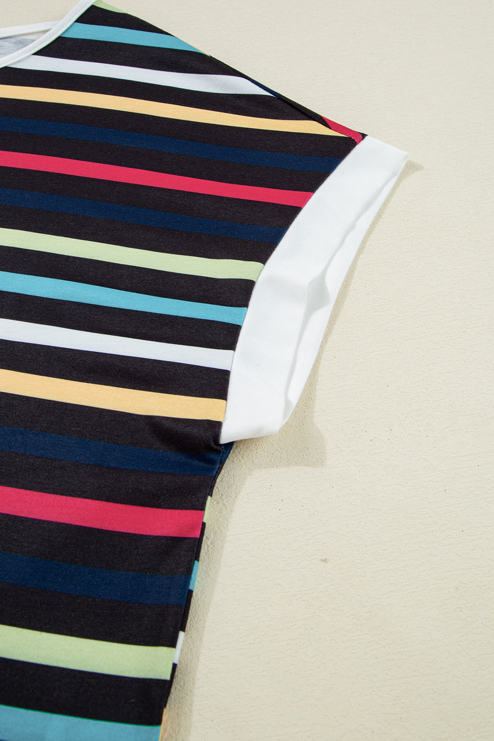 Black Colorful Striped Contrast Edge Crew Neck T Shirt