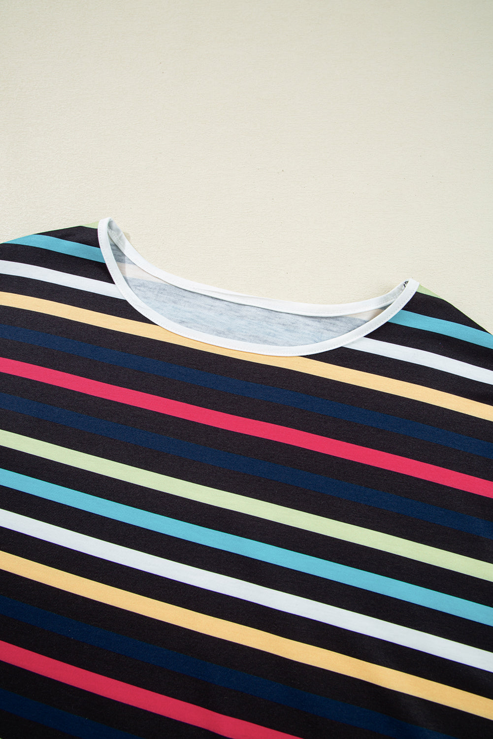 Black Colorful Striped Contrast Edge Crew Neck T Shirt