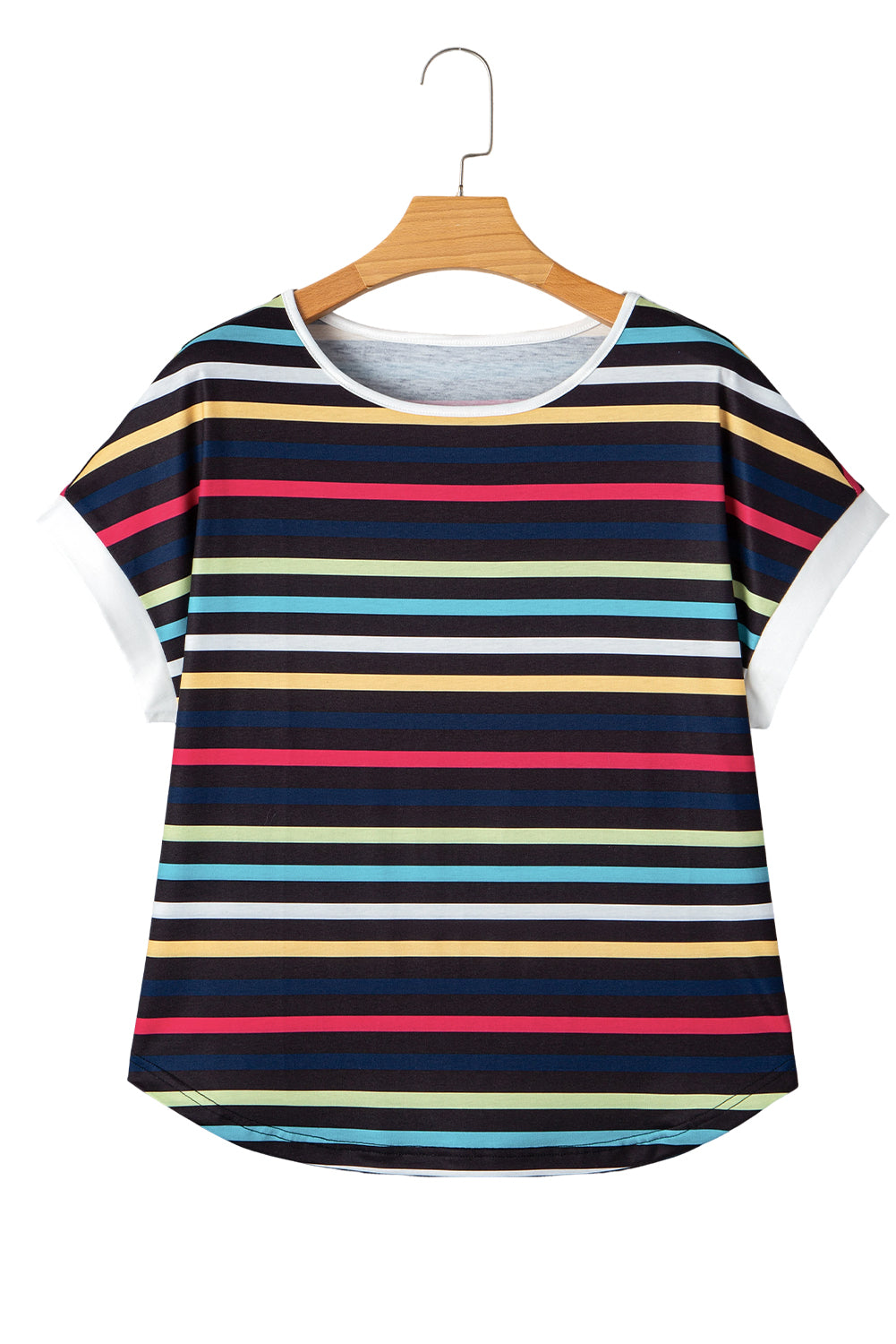 Black Colorful Striped Contrast Edge Crew Neck T Shirt