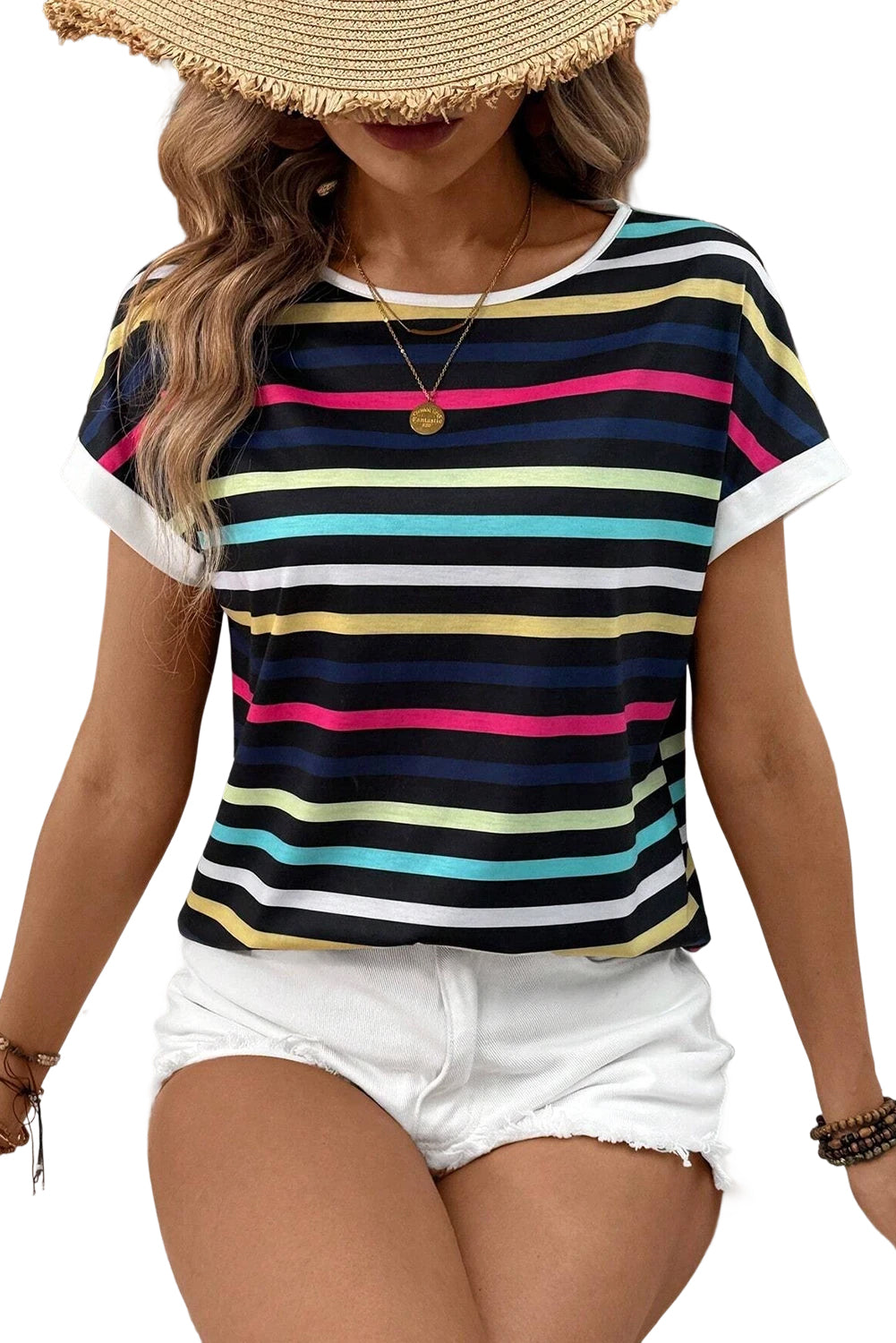 Black Colorful Striped Contrast Edge Crew Neck T Shirt