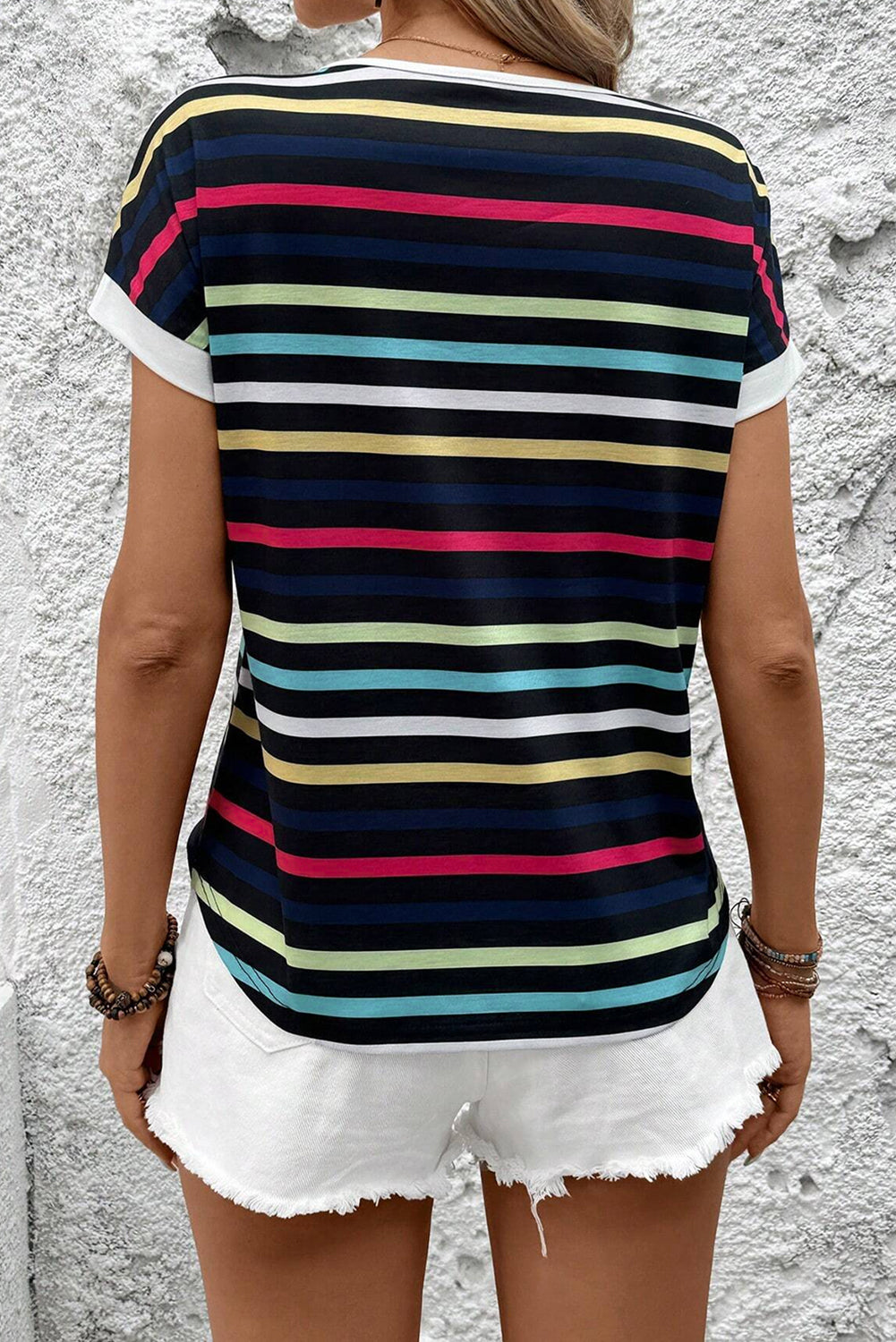 Black Colorful Striped Contrast Edge Crew Neck T Shirt