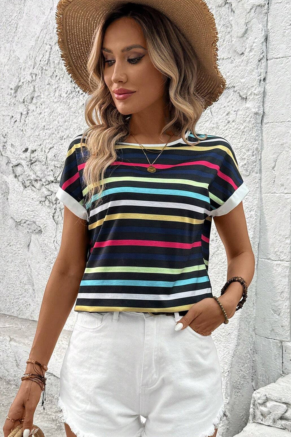 Black Colorful Striped Contrast Edge Crew Neck T Shirt