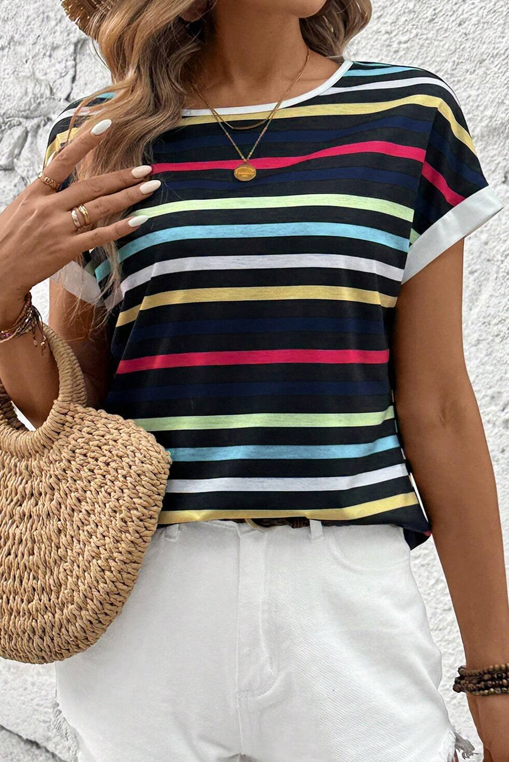 Black Colorful Striped Contrast Edge Crew Neck T Shirt