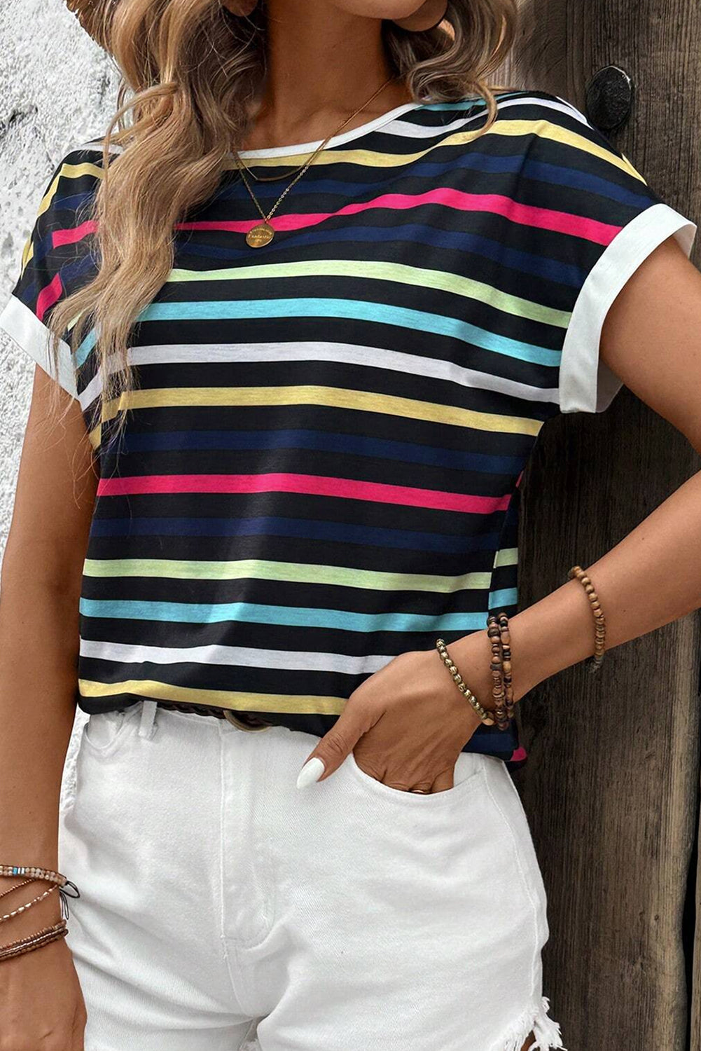 Black Colorful Striped Contrast Edge Crew Neck T Shirt