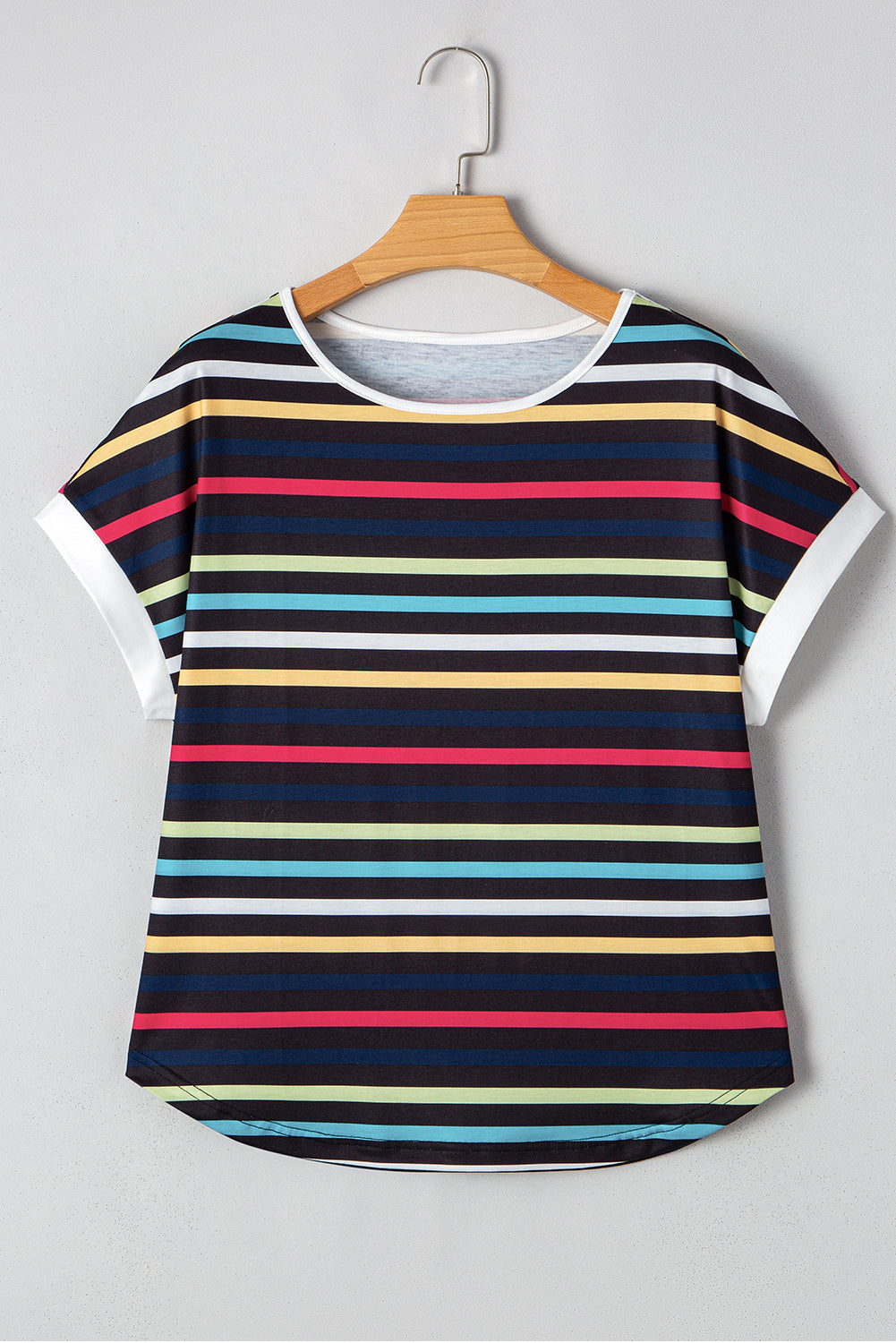 Black Colorful Striped Contrast Edge Crew Neck T Shirt
