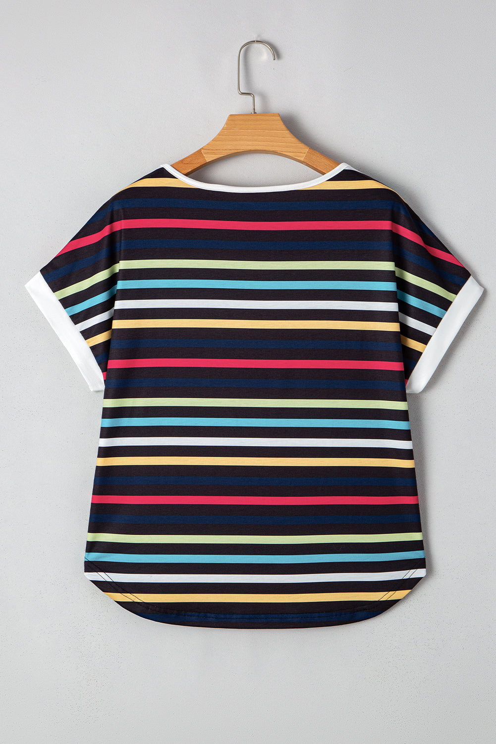 Black Colorful Striped Contrast Edge Crew Neck T Shirt