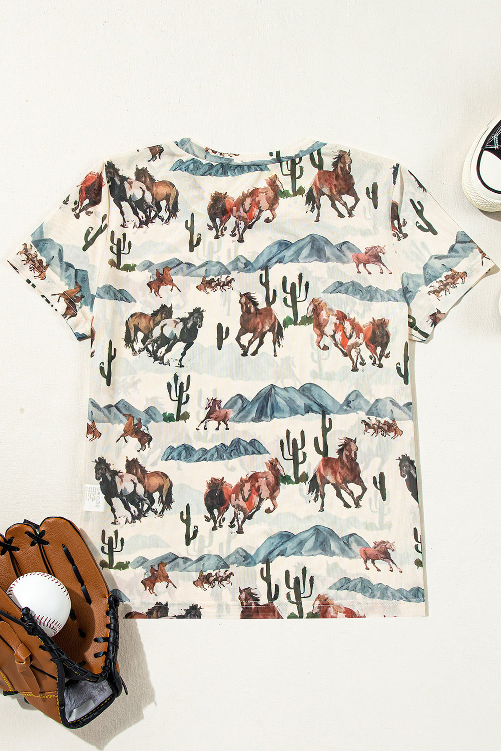 Beige Vintage Mustang River Print Mesh T Shirt