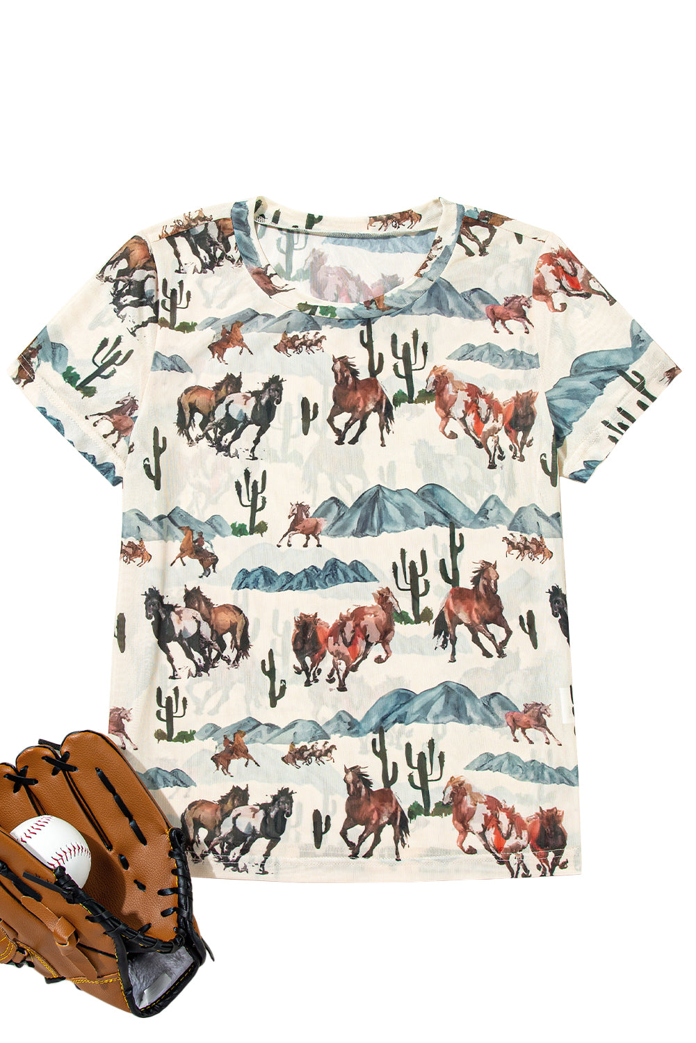 Beige Vintage Mustang River Print Mesh T Shirt