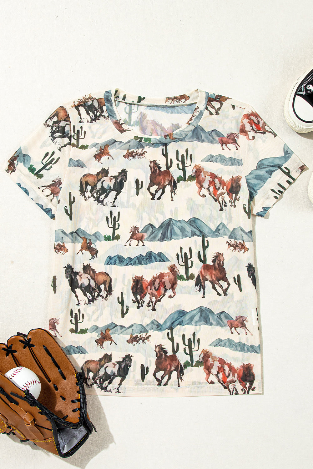 Beige Vintage Mustang River Print Mesh T Shirt