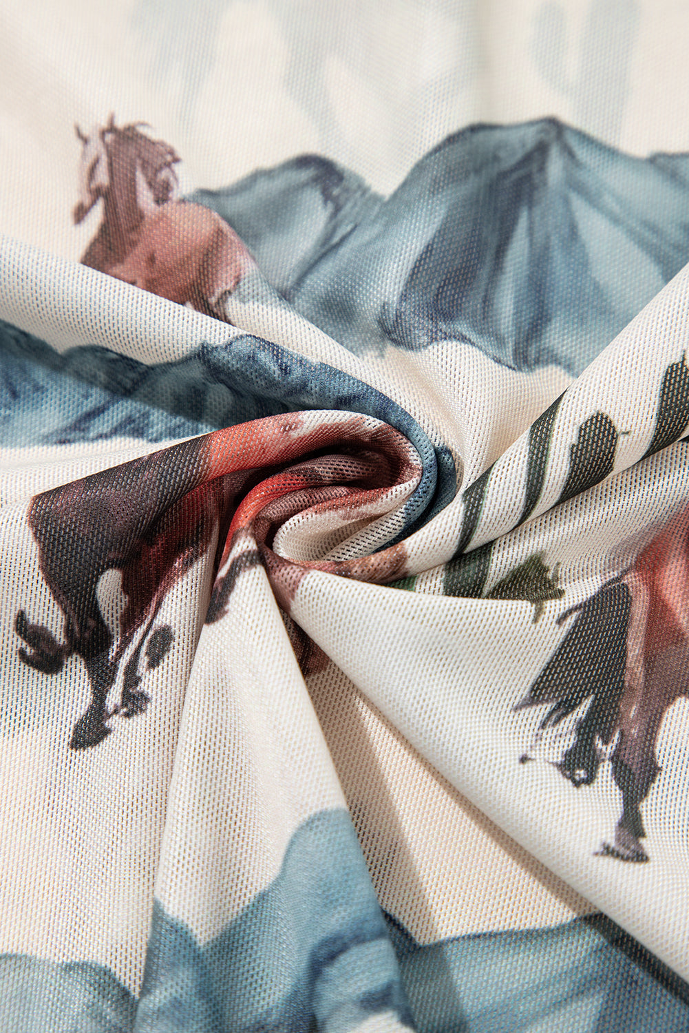 Beige Vintage Mustang River Print Mesh T Shirt