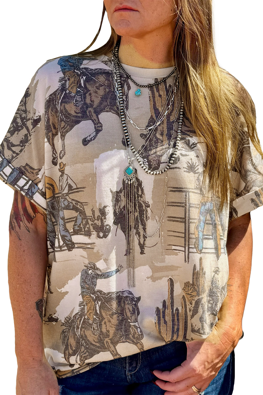 Khaki Western Cowboy Print Cuffed Sleeve Crewneck T Shirt
