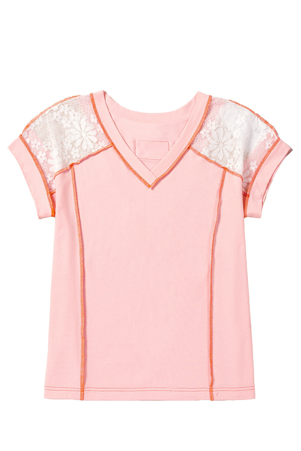 Light Pink Lace Patchwork Exposed Seam V Neck T Shirt
