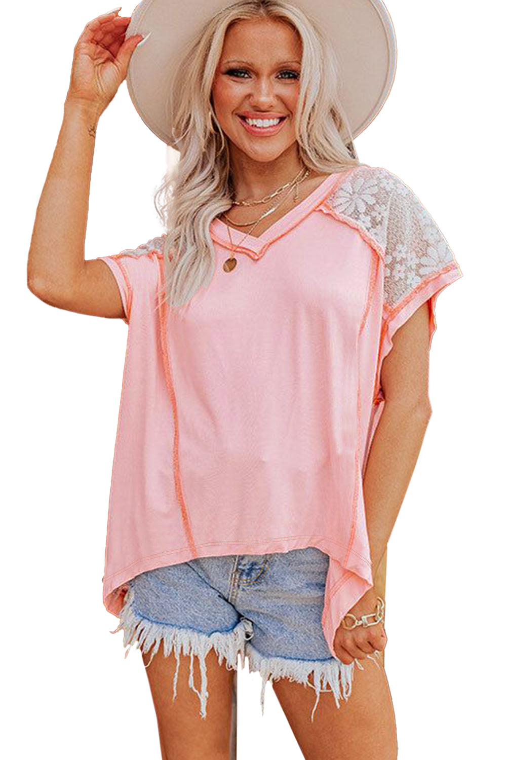 Light Pink Lace Patchwork Exposed Seam V Neck T Shirt