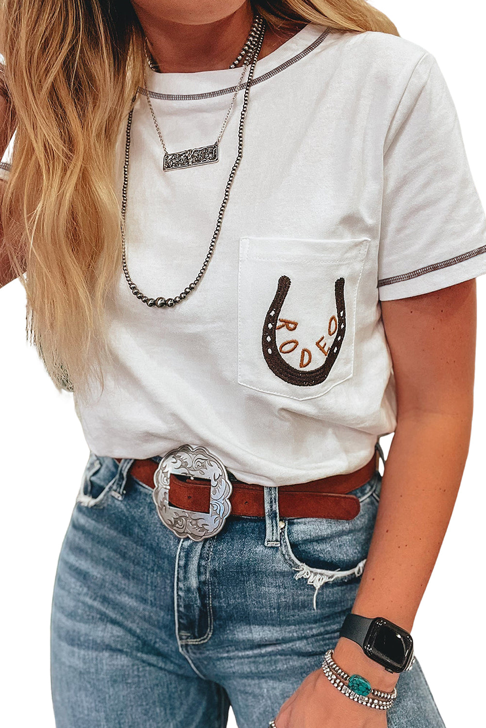 White RODEO Horseshoe Embroidered Patch Pocket Tee