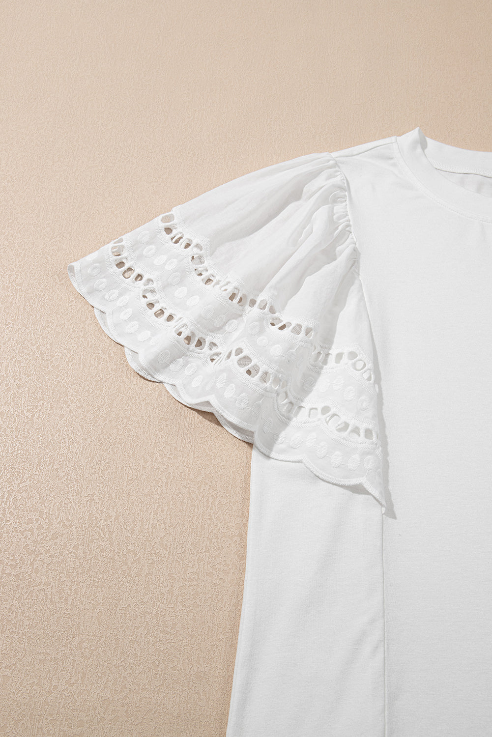 White Hollow Out Embroidered Flounce Sleeve Blouse
