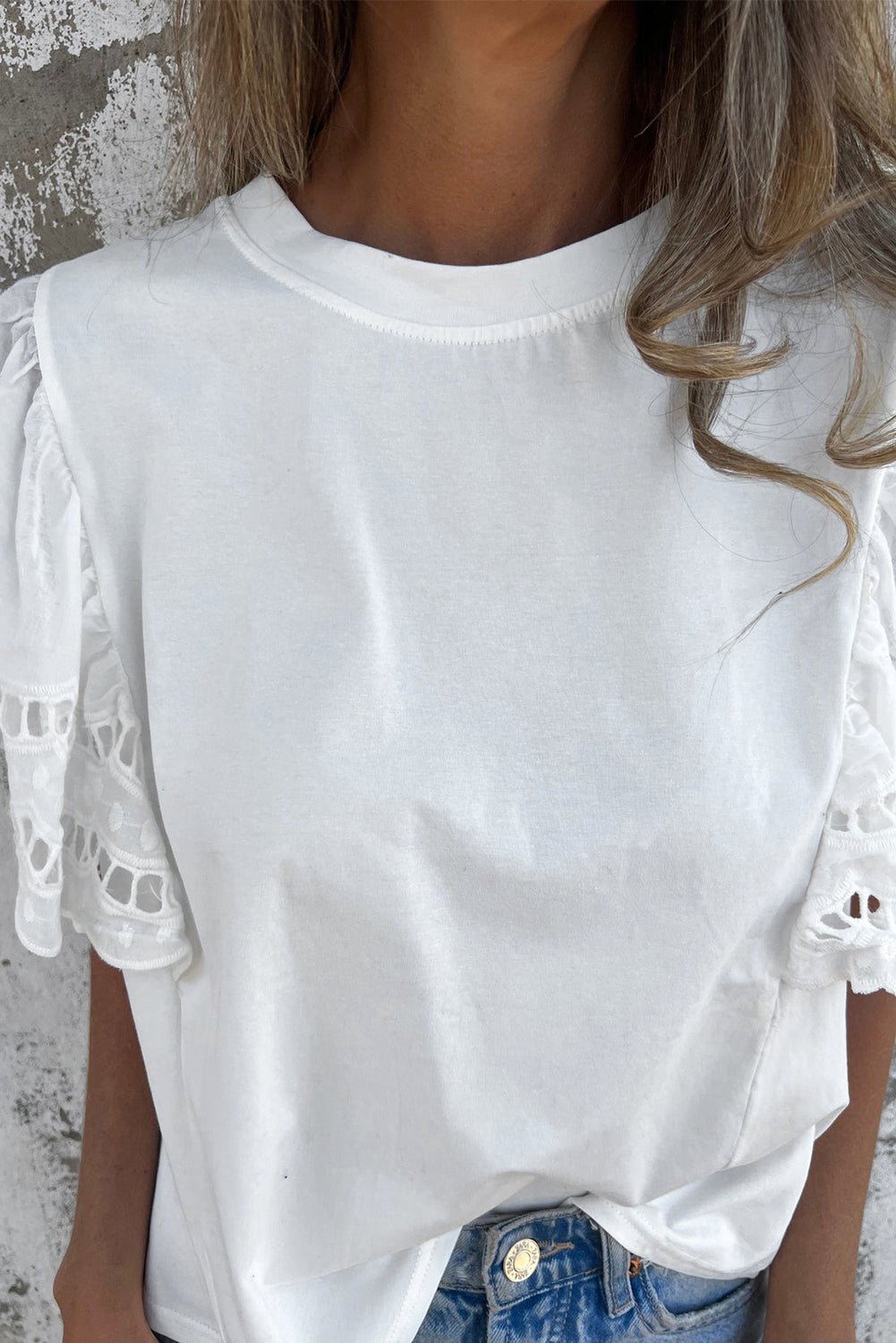 White Hollow Out Embroidered Flounce Sleeve Blouse