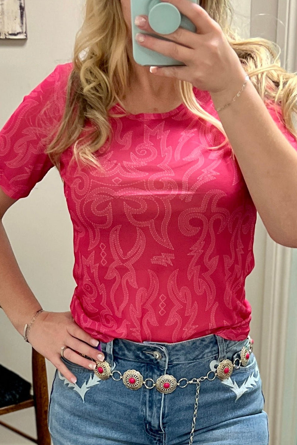 Red Western boot stitch Mesh T Shirt