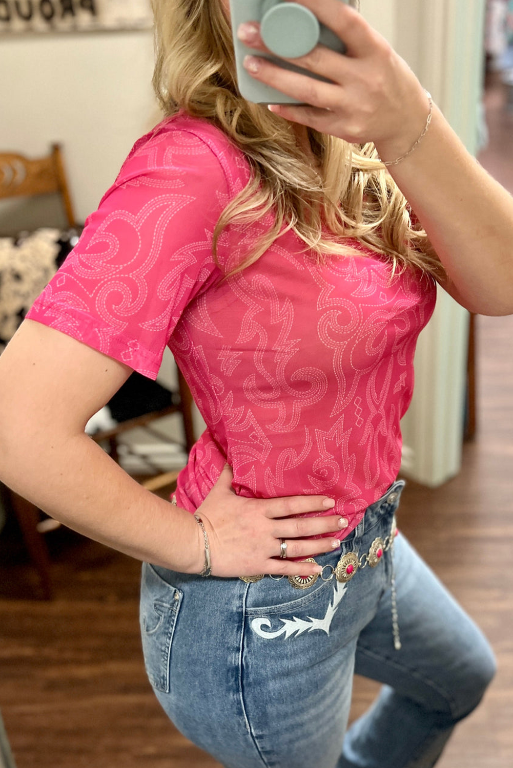 Red Western boot stitch Mesh T Shirt